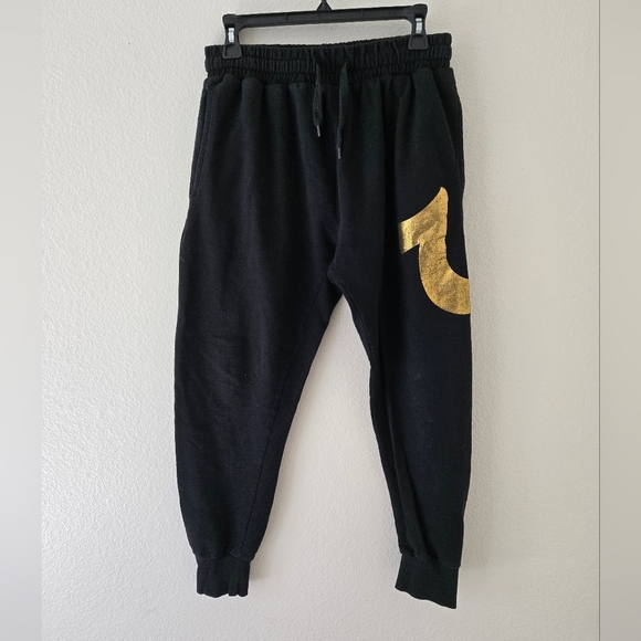 True Religion Gold HORSESHOE Logo Black Cuffed Sweat Jogger Pants size Medium - Picture 6 of 14